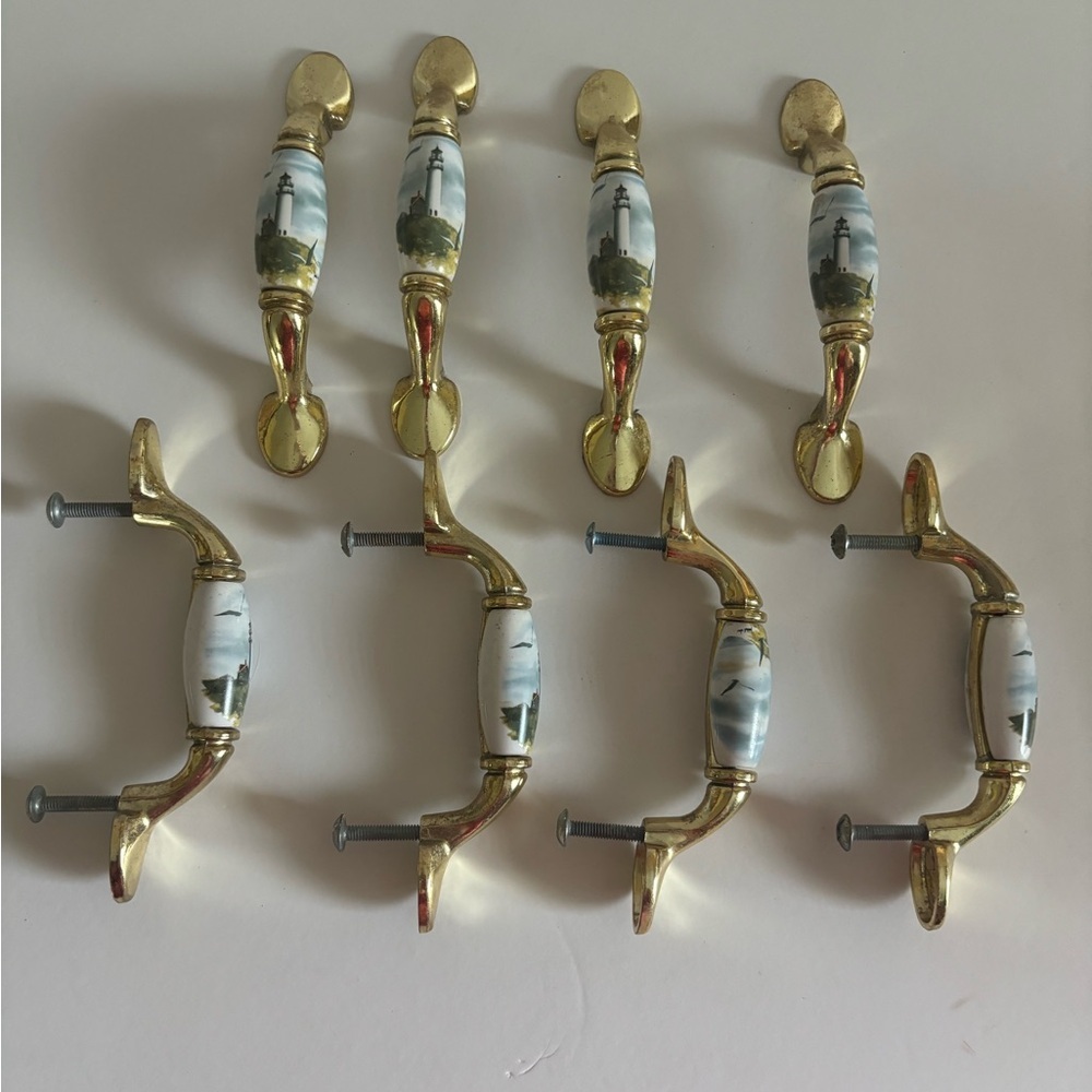 Lot Of 8 Brass Tone & Ceramic Lighthouse Drawer Door Pulls 3" Center